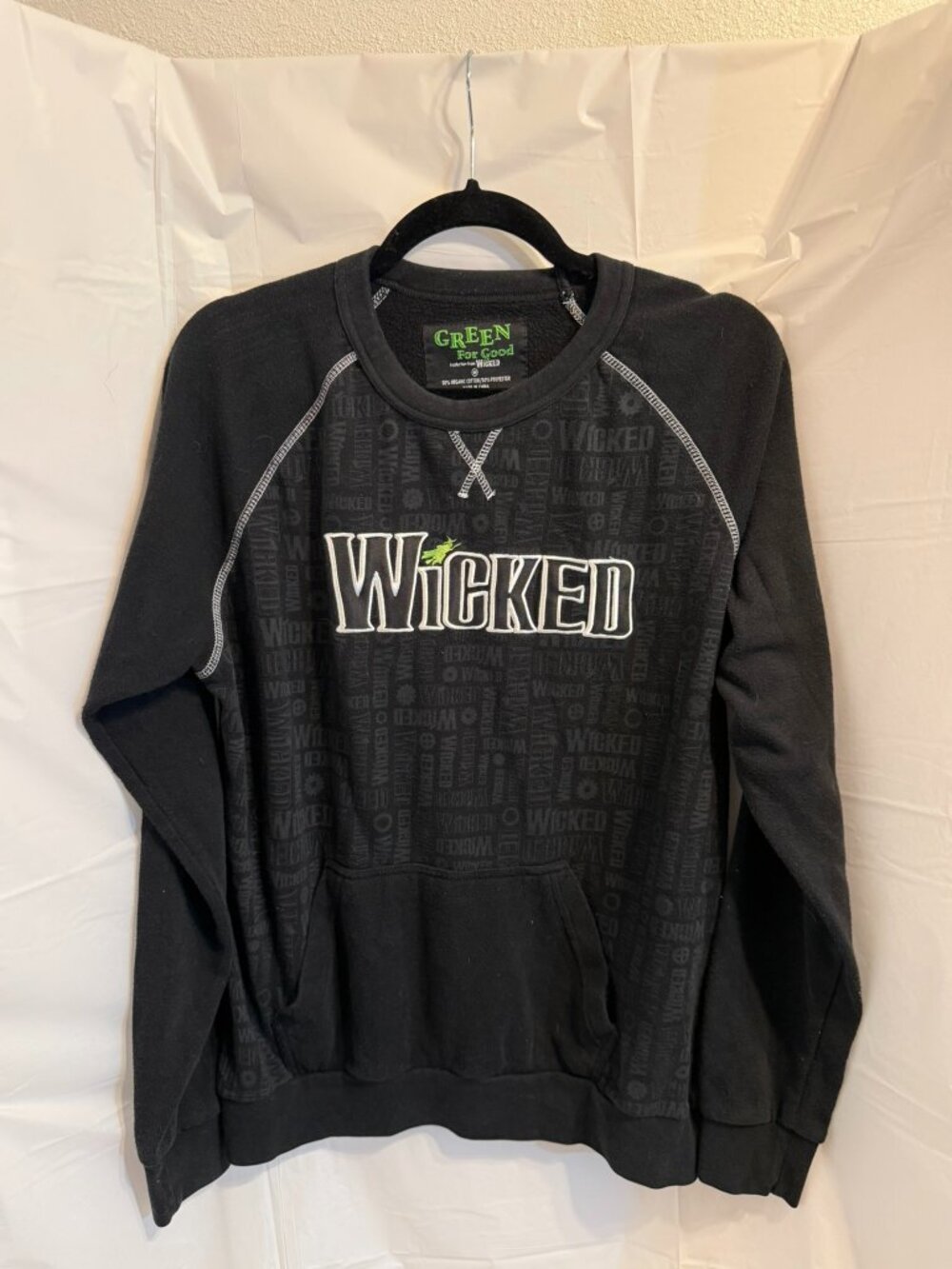 Wicked The Musical Green For Good Black Sweatshirt Medium Embroidered Pouch